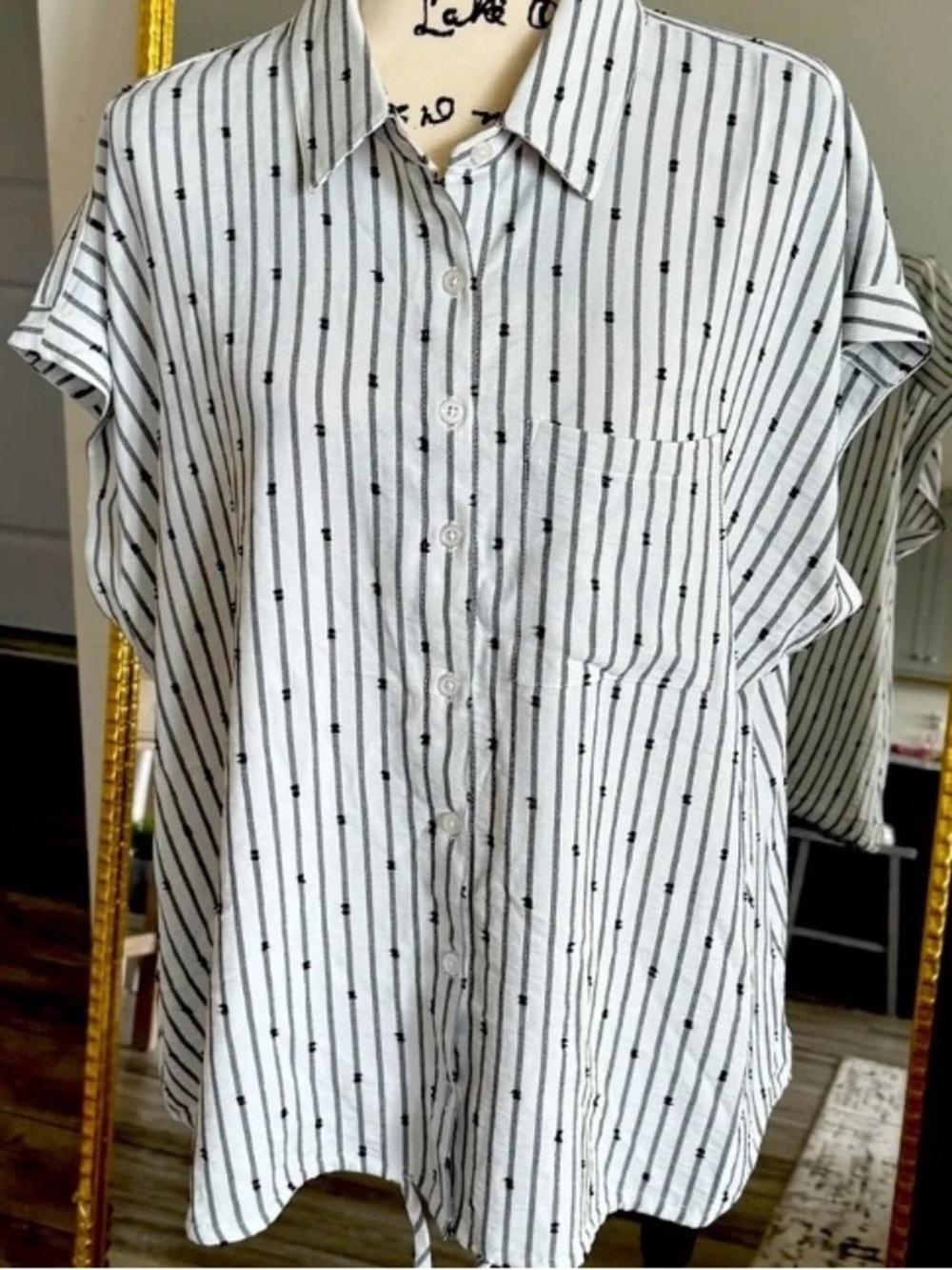 Casual White Short-Sleeve Button-Down Shirt with Black Pinstripes